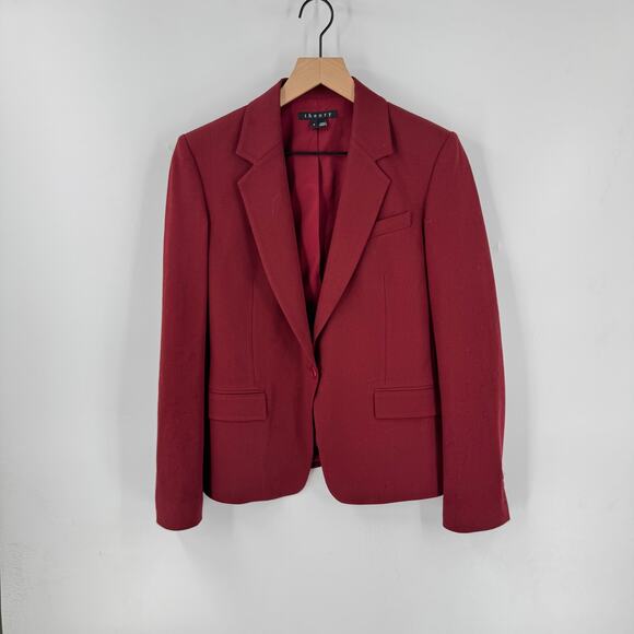 Theory Wool Blend Blazer Size 8 Burgundy Red One-Button Lined Jacket Career Work - Picture 1 of 7
